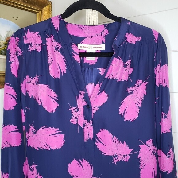 Amanda Uprichard Silk Feather Print Long Sleeve Popover Tunic XS - Picture 3 of 5